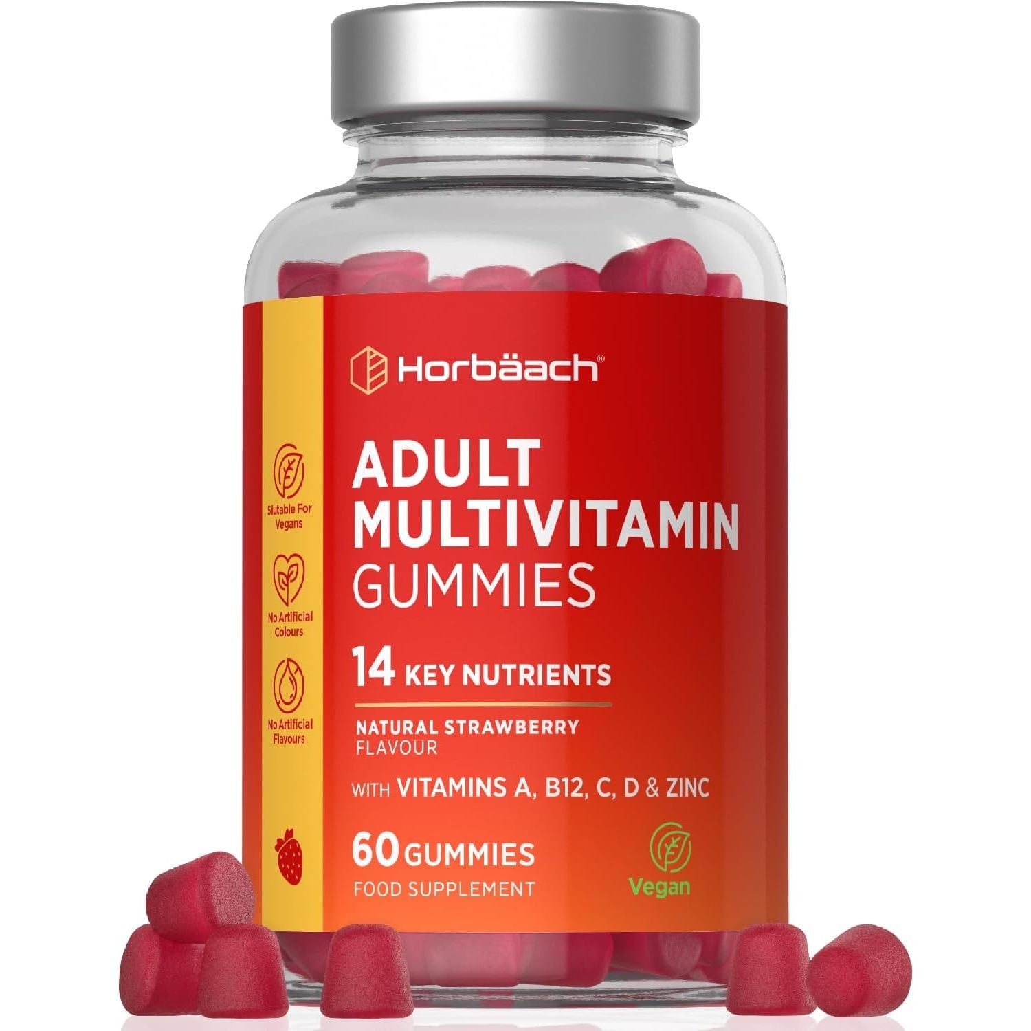 Multivitamin Gummies for Women and Men | 60 Count | Multi Vitamin Supplement for Adults | 14 Nutrient Complex with Vitamins A, B12, C, D, and Zinc | Strawberry Flavour | Vegan | by Horbaach