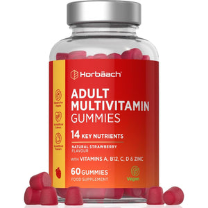 Multivitamin Gummies for Women and Men | 60 Count | Multi Vitamin Supplement for Adults | 14 Nutrient Complex with Vitamins A, B12, C, D, and Zinc | Strawberry Flavour | Vegan | by Horbaach