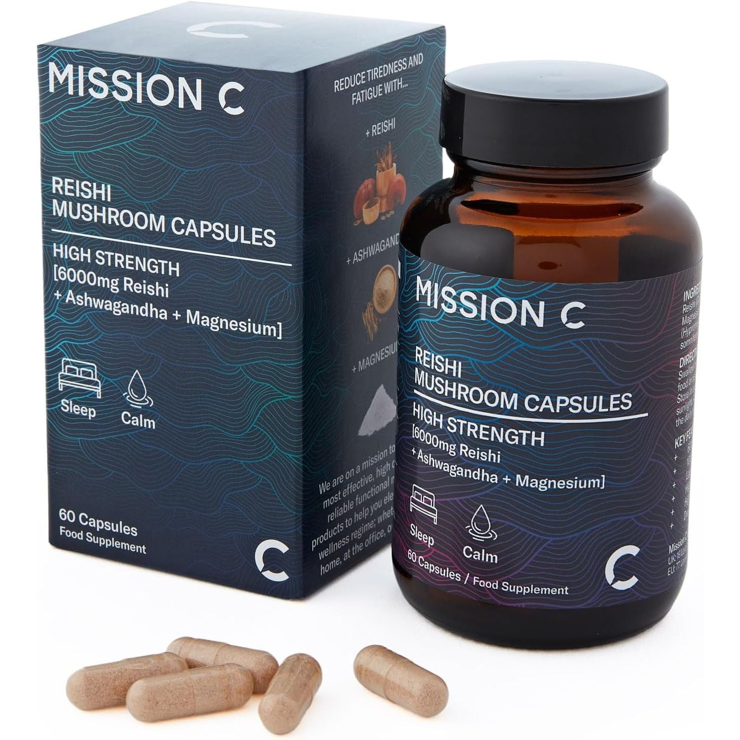 Reishi Mushroom Capsules 6000Mg with Added Magnesium and Ashwagandha | Nootropic Supplement for Sleep, Relaxation, Calm | 60 Two-A-Day Vegan Capsules - Mission C Reishi, Vegan