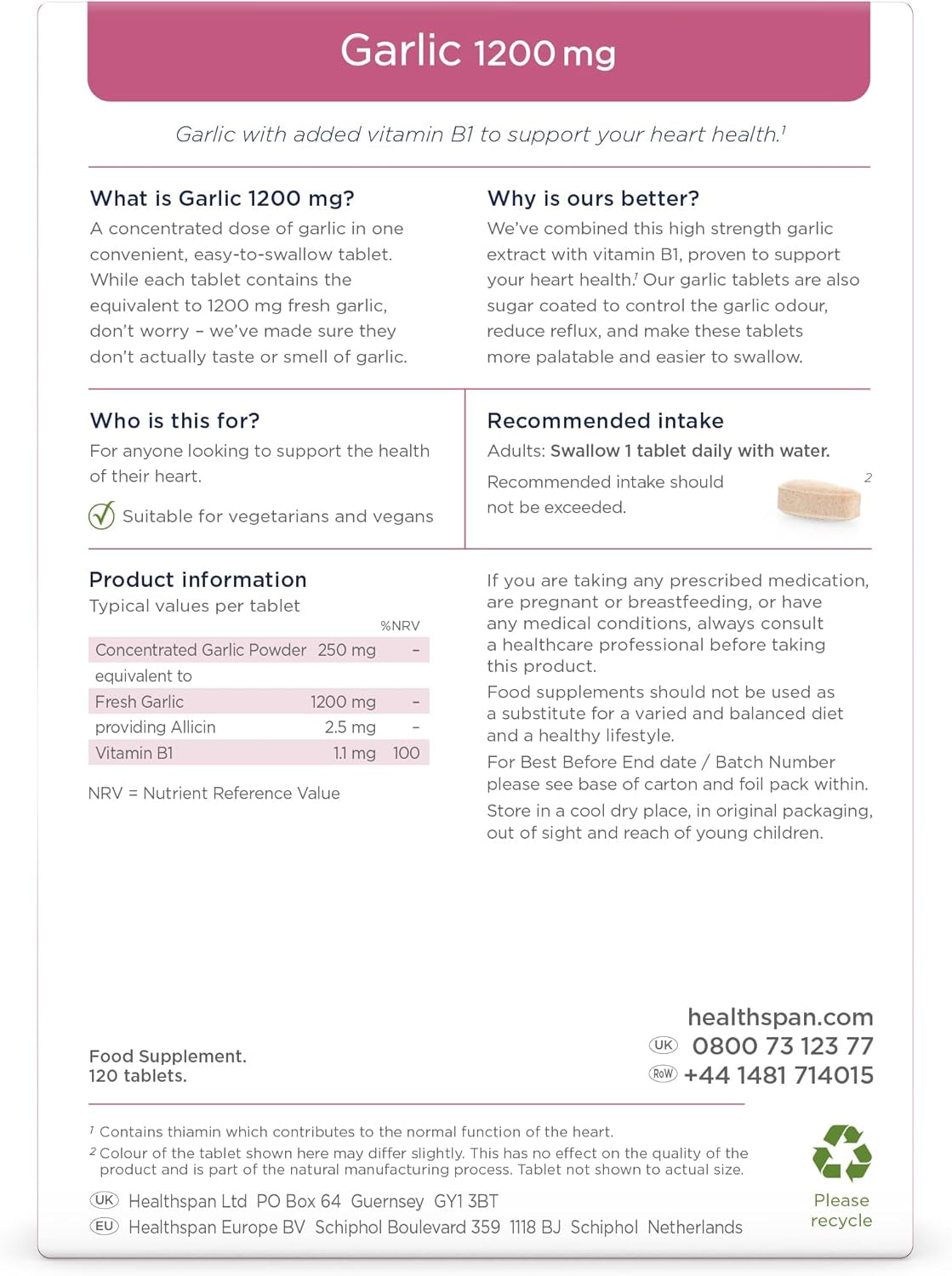 Healthspan Garlic 1,200Mg (120 Tablets) | Supports Heart Health & the Respiratory System | Maintains Normal Cholesterol Levels | Added Vitamin B1 | Odour-Controlled & Easy to Swallow | Vegetarian