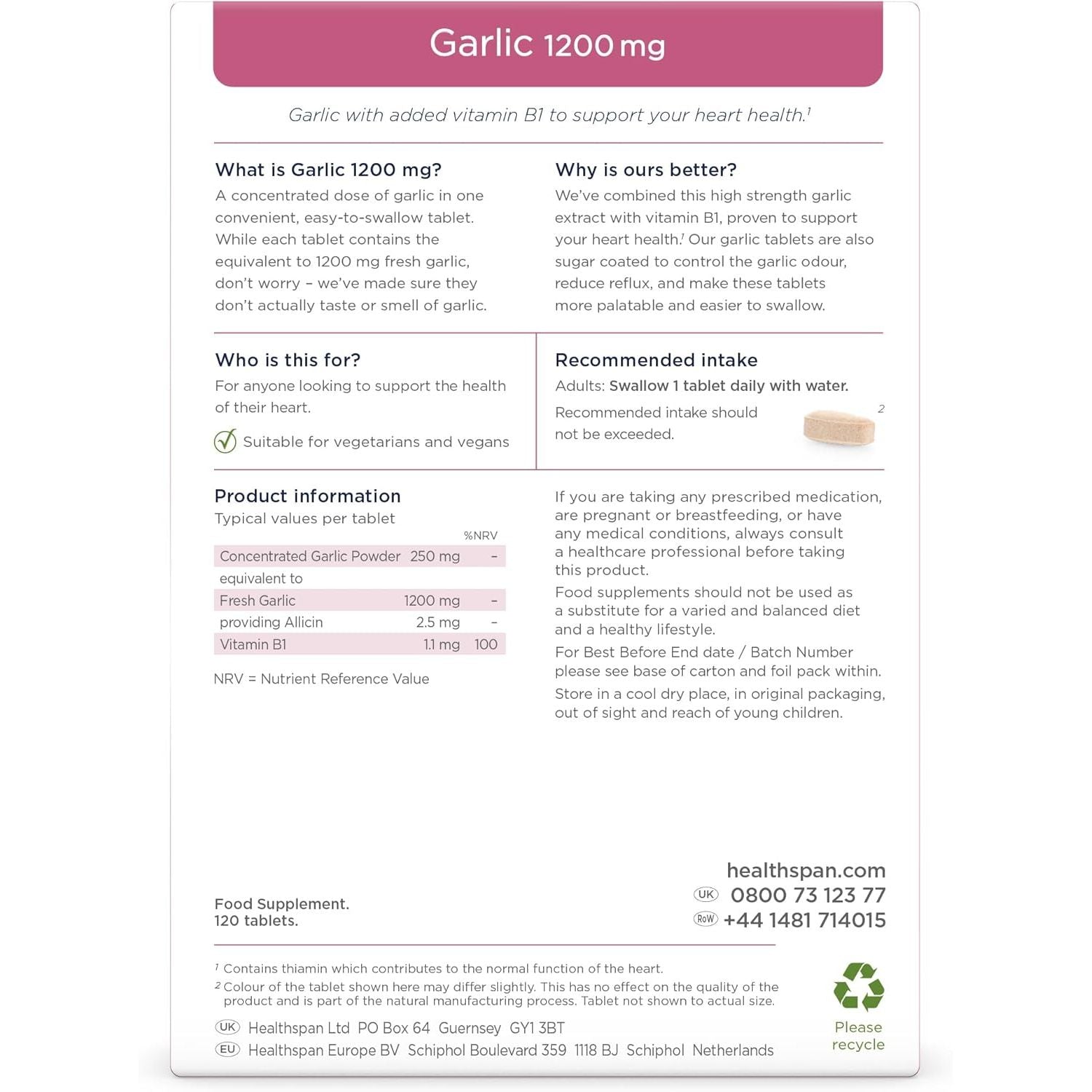 Healthspan Garlic 1,200Mg (120 Tablets) | Supports Heart Health & the Respiratory System | Maintains Normal Cholesterol Levels | Added Vitamin B1 | Odour-Controlled & Easy to Swallow | Vegetarian