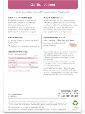 Healthspan Garlic 1,200Mg (120 Tablets) | Supports Heart Health & the Respiratory System | Maintains Normal Cholesterol Levels | Added Vitamin B1 | Odour-Controlled & Easy to Swallow | Vegetarian