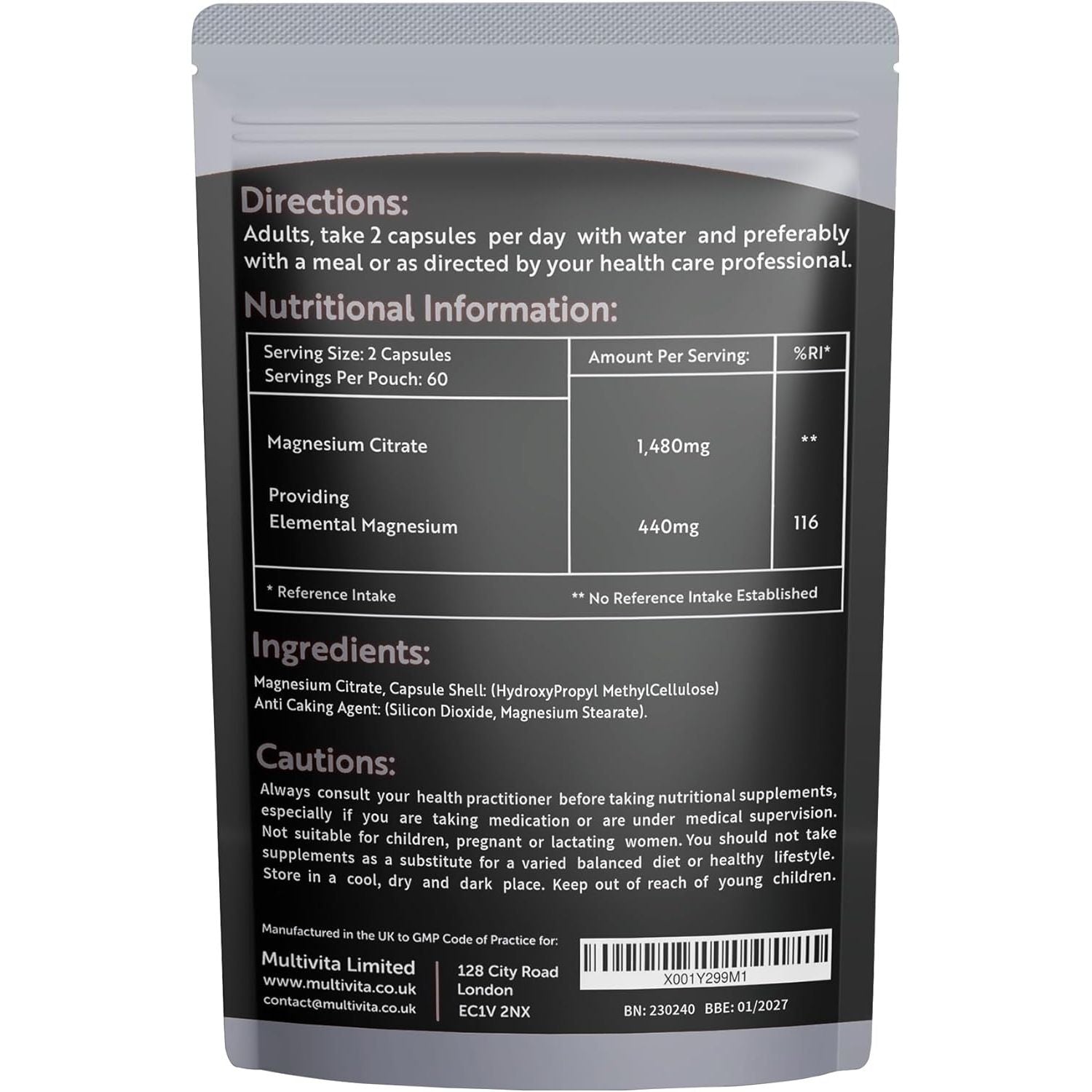 Magnesium Citrate 1,480Mg 120 Vegan Capsules 2 Months Supply - Providing 440Mg Elemental Magnesium per Serving - Magnesium Capsules Not Magnesium Tablets - High Strength Magnesium Supplement GMO Free
