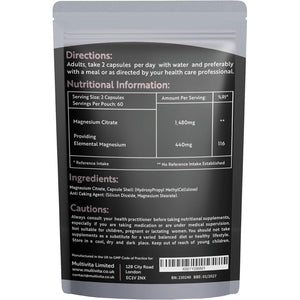 Magnesium Citrate 1,480Mg 120 Vegan Capsules 2 Months Supply - Providing 440Mg Elemental Magnesium per Serving - Magnesium Capsules Not Magnesium Tablets - High Strength Magnesium Supplement GMO Free