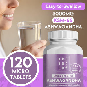 Grounded Ashwagandha KSM-66® High Strength 3,000Mg | 4-In-1 Formula | 120 Tablets / 2 Month Supply | L-Theanine, L-Tryptophan, Vitamin B6 & Black Pepper | Vegan-Friendly, UK Made
