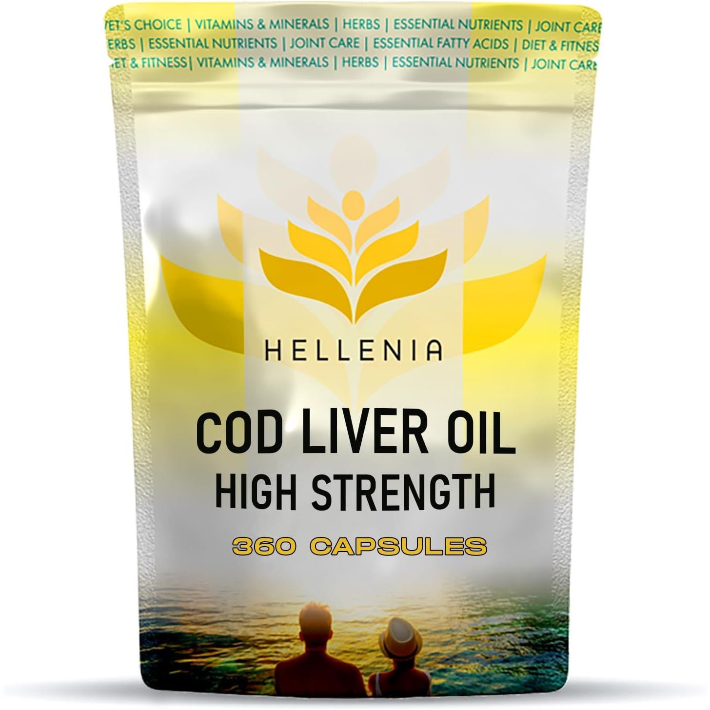 Cod Liver Oil Capsules High Strength 1000Mg | 360 Fish Oil Capsules UK Made - 1 Year Supply | Rich Source of Omega 3 Essential Fatty Acids | High EPA DHA | Gluten Free - Made in the UK for Hellenia