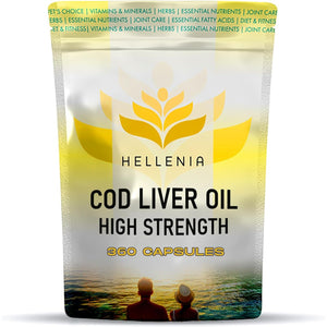 Cod Liver Oil Capsules High Strength 1000Mg | 360 Fish Oil Capsules UK Made - 1 Year Supply | Rich Source of Omega 3 Essential Fatty Acids | High EPA DHA | Gluten Free - Made in the UK for Hellenia