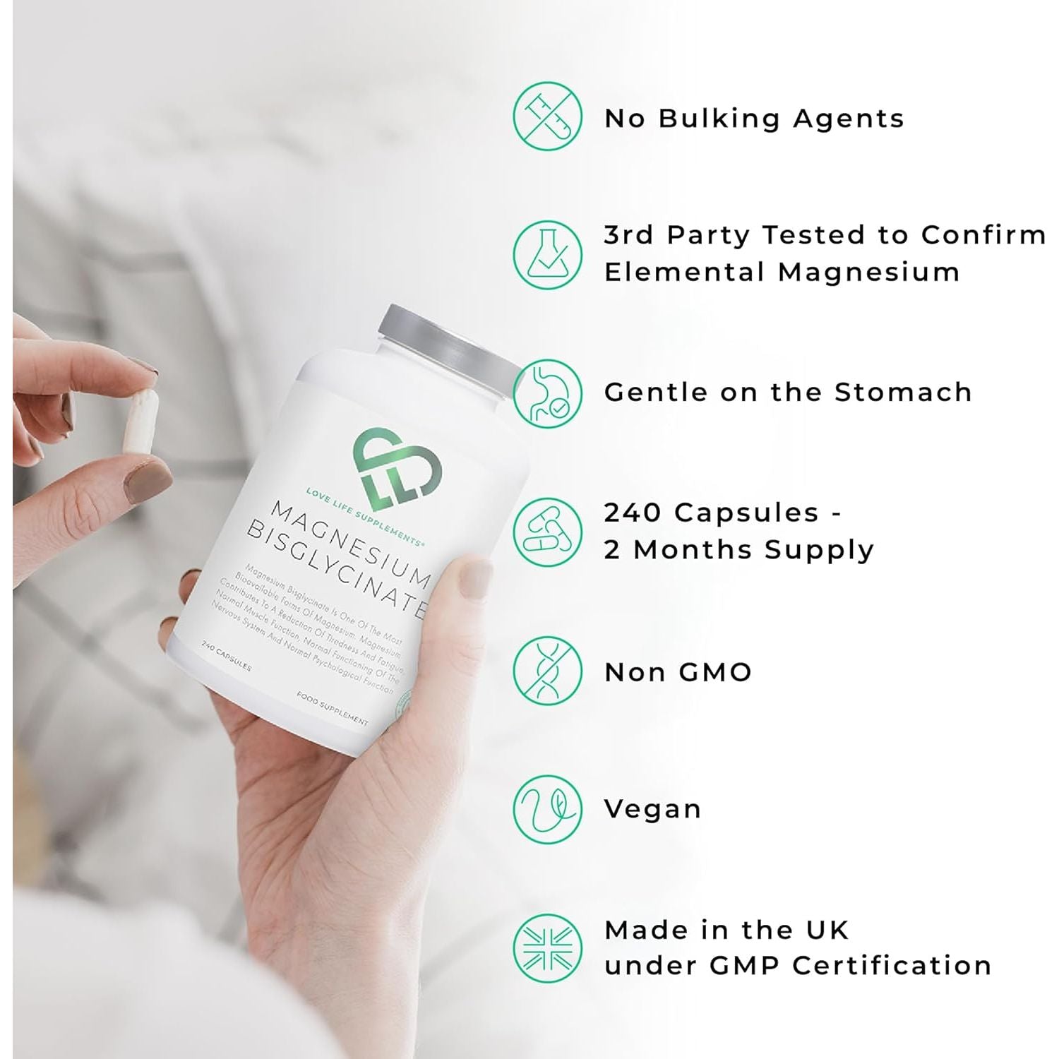 Magnesium Glycinate (Bisglycinate), 2 Month Supply - 240 Capsules, 2750Mg (303Mg Magnesium), Chelated Magnesium Supplements, Highly Bioavailable, Made in UK - GMP Certified - Love Life Supplements