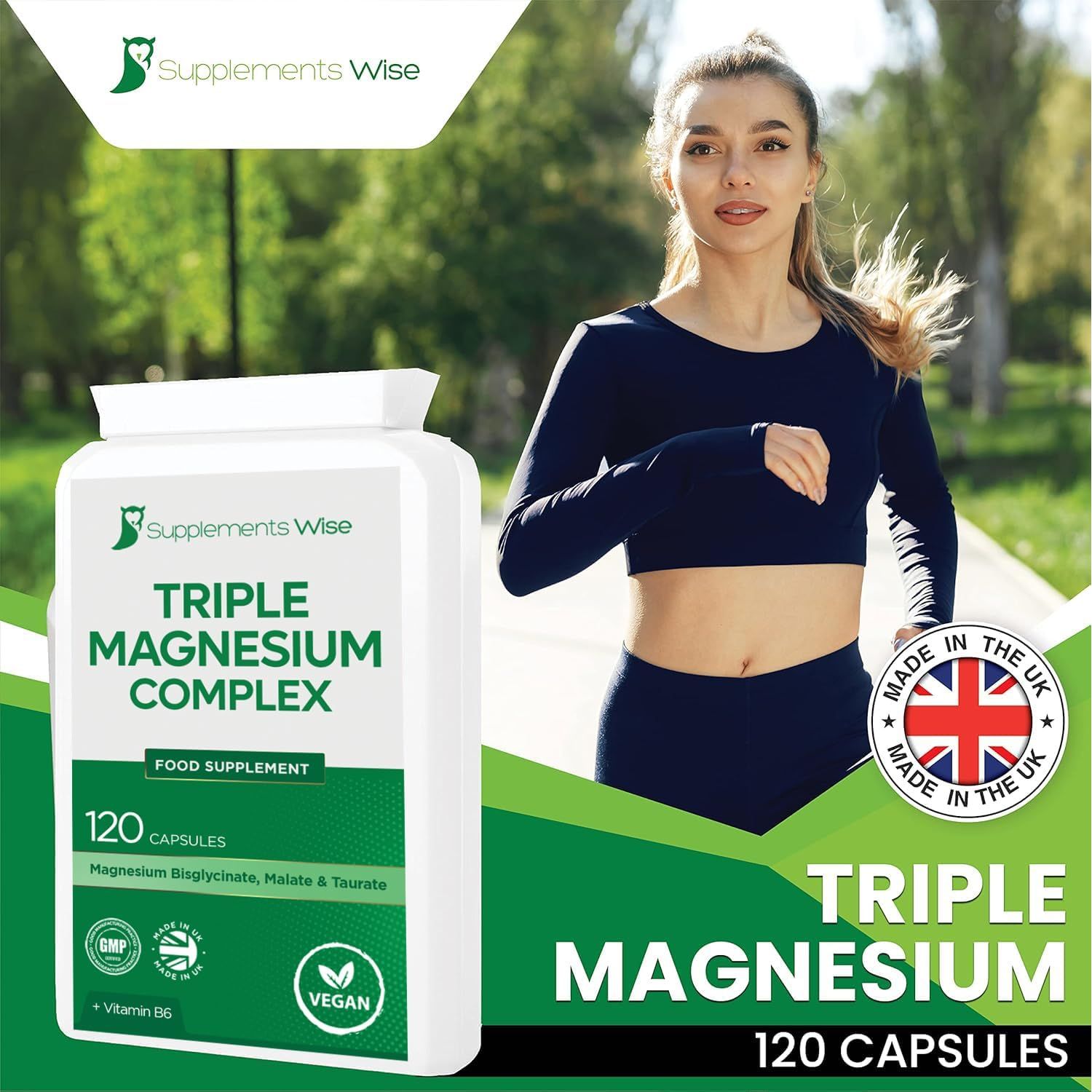 Triple Magnesium Complex - 3 in 1 Blend - Bisglycinate, Malate and Taurate with Vitamin B6 - Magnesium Complex Supplements Suitable for Women and Men - 120 High Strength Capsules