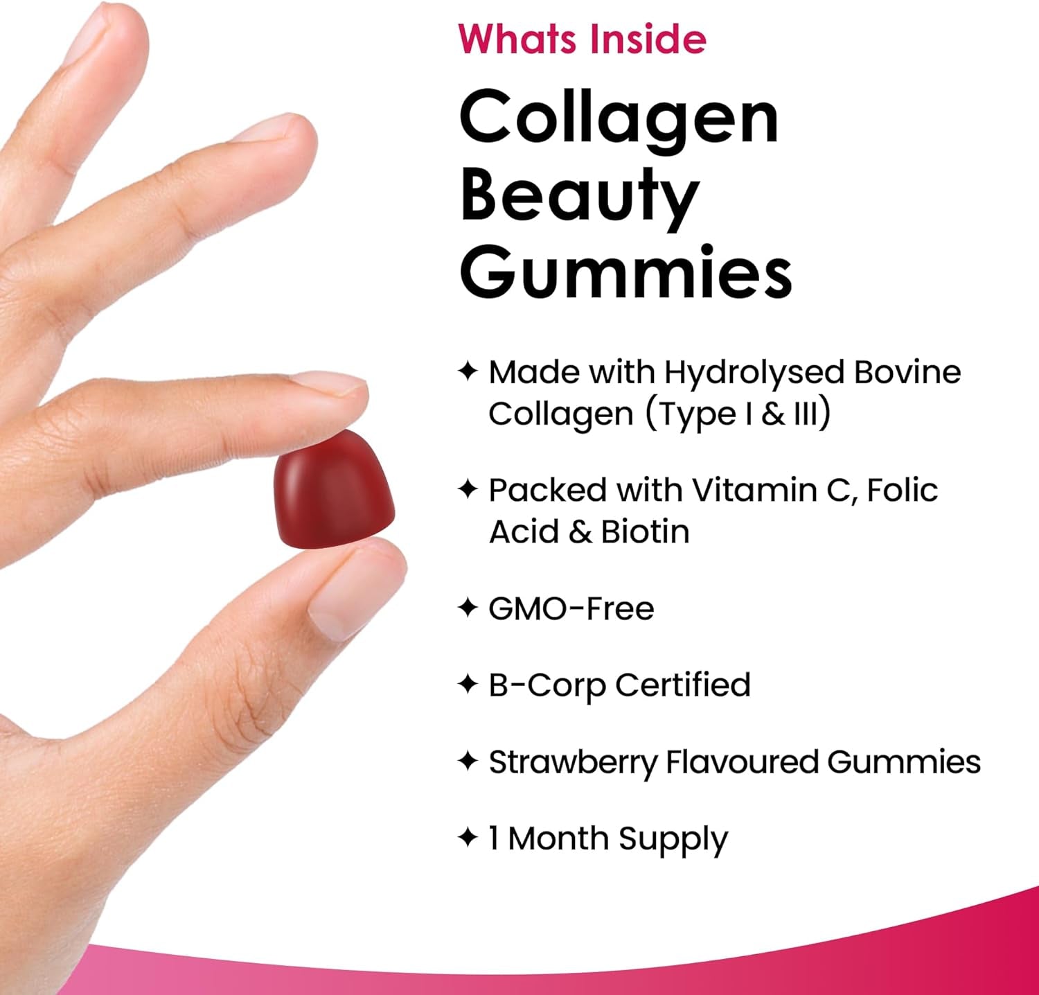 Collagen Gummies - High Strength Type L Bovine Collagan Beauty Supplement - Advanced Superior Type 1 Hydrolysed Collagen Peptides - Added Biotin, Vitamin C & Folic - 60 Gummies