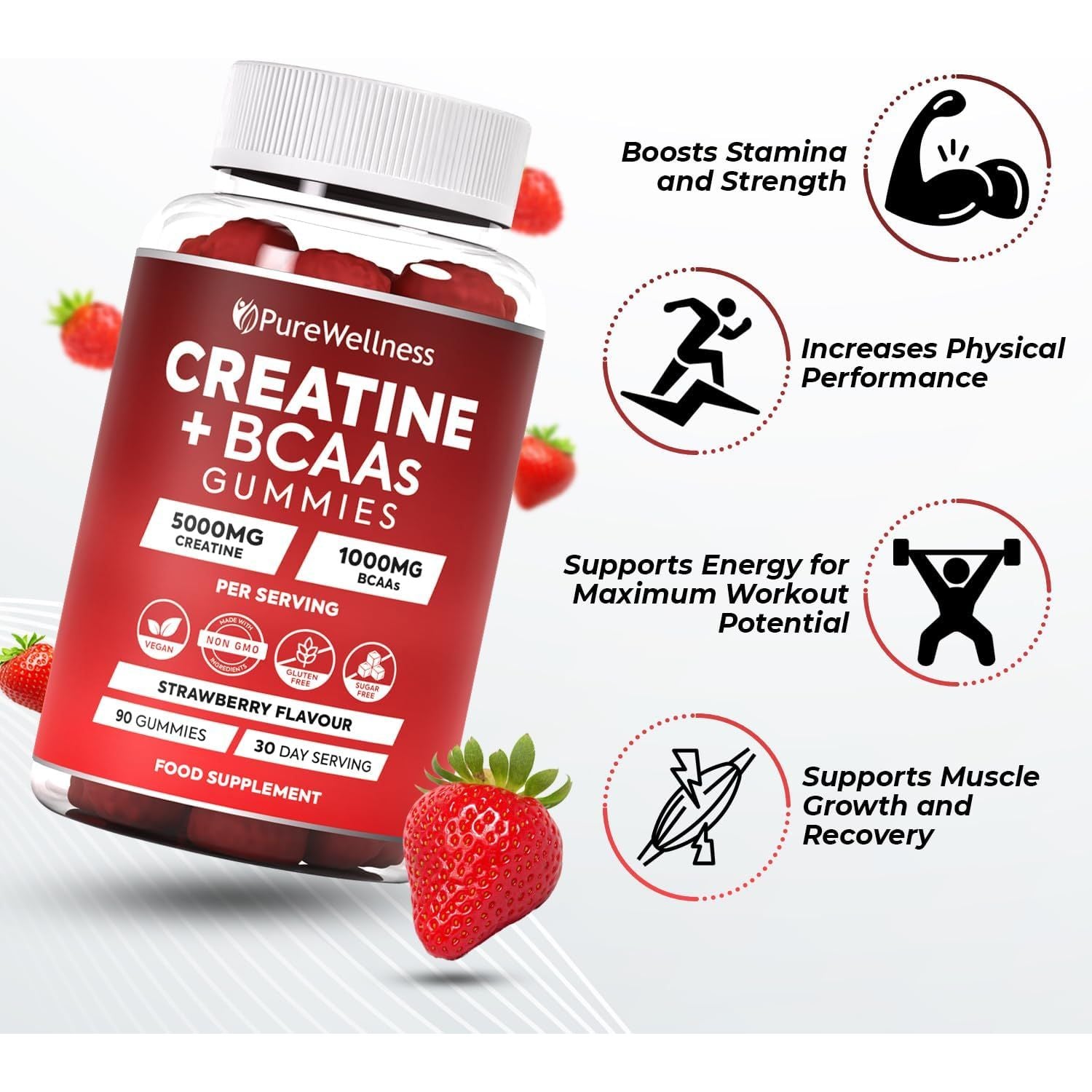 Purewellness Creatine and BCAA Gummies - 5000Mg Creatine Monohydrate, 1000Mg Bcaas per Serving - Chewable Vegan Sugar Free Gummies, Strawberry Flavour (1 Month Supply)