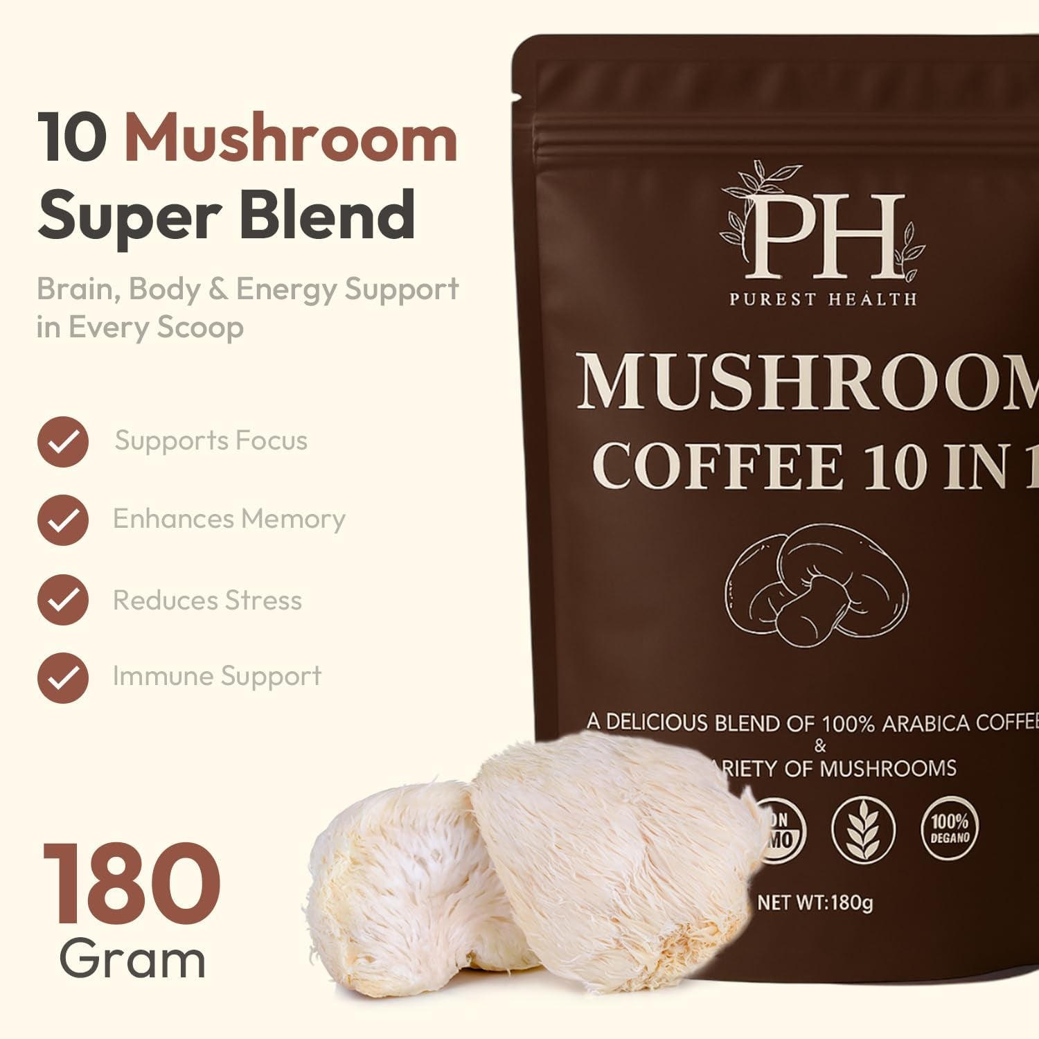 Purest Health Mushroom Coffee - 10 Mushroom in 1 Advanced Blend - Premium Arabica Coffee with Lions Mane, Maca and Ashwagandha - Vegan & Non-Gmo, 180G, 36 Servings