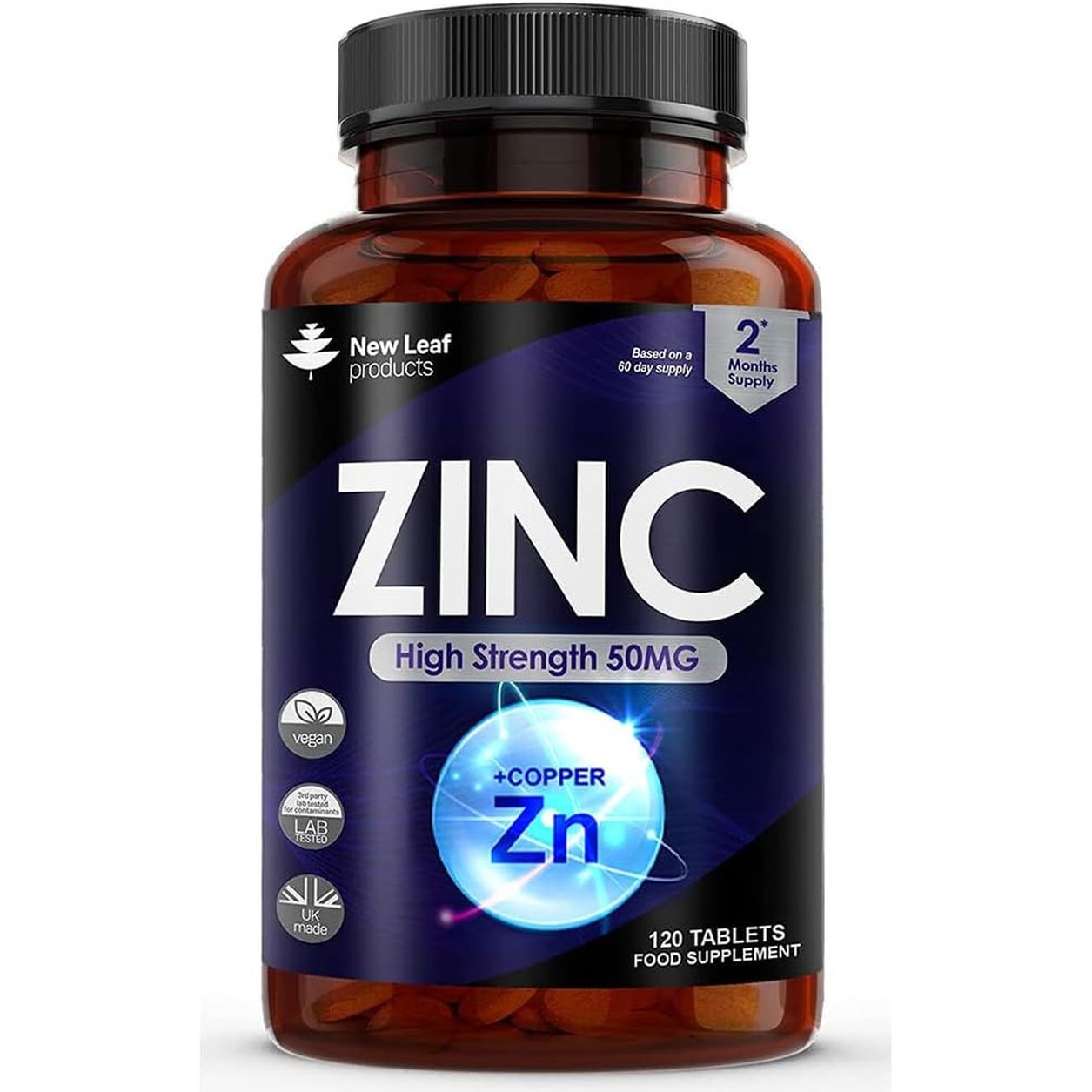 Zinc 50Mg High Strength Tablets with Copper, Pure Zinc Supplements Contributes towards the Immune System, Bone Health and Fertility, Vegan, Non-Gmo, Made in UK by New Leaf 120 Tablets