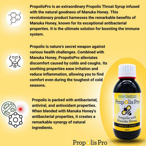 Propolis Pro Sore Throat Syrup with Manuka Honey, Bee Propolis, Vitamin C & Cooling Menthol – 150Ml | Natural, Vegetarian-Friendly Soothing Syrup for Kids & Adults