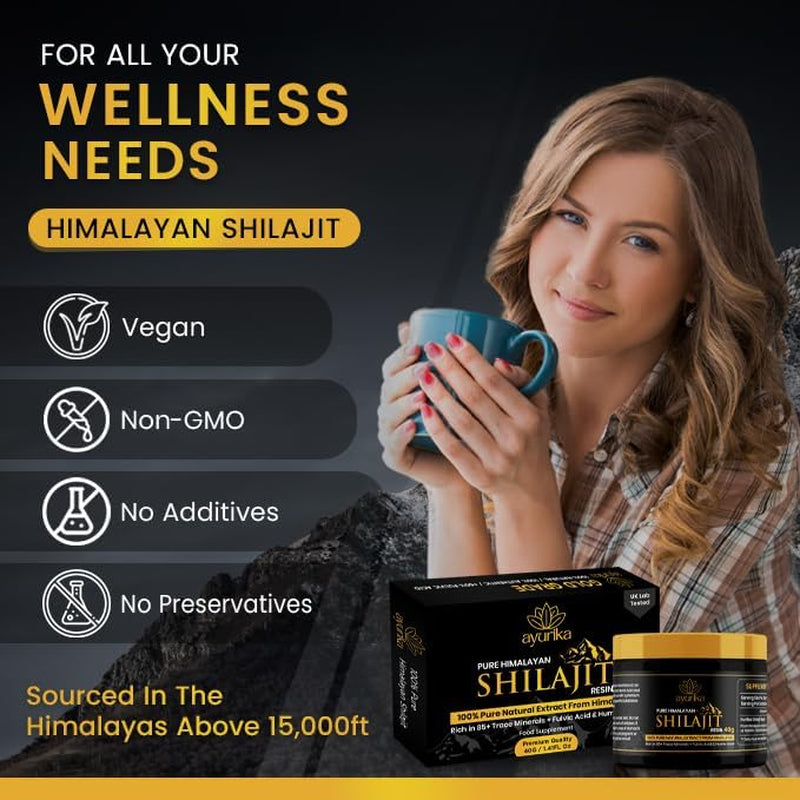 Shilajit Resin - 40G Jar with Spoon - Shilajit Resin Himalayan Supplement - Gold Grade - over 60% Fulvic Acid, Humic Acid & 85 Trace Minerals - 3Rd Party Lab Tested