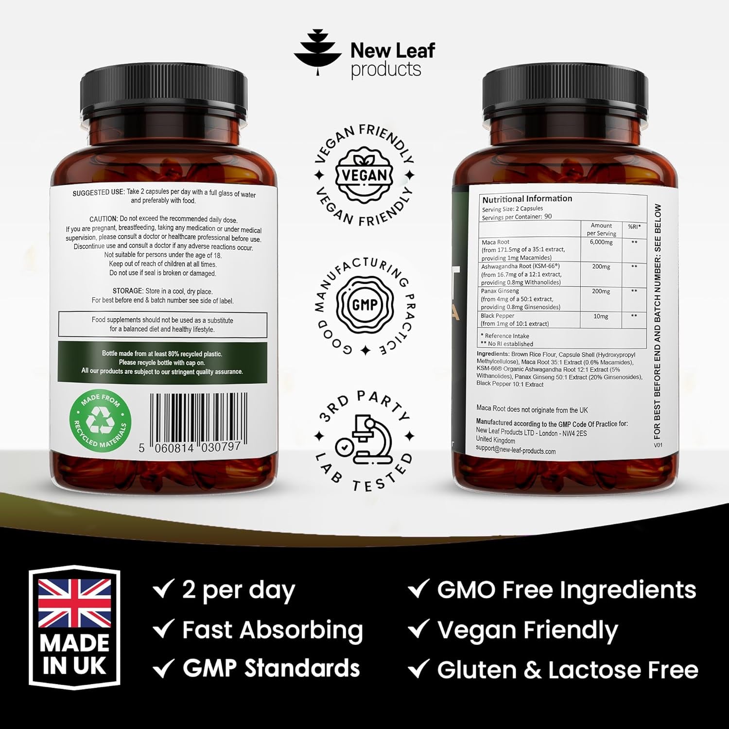 Maca Root Capsules with KSM Ashwagandha and Ginseng - 180 High Strength 6000Mg Maca Root + Ashwagandha KSM-66, Panax Ginseng & Black Pepper - Vegan Capsules Made in the UK