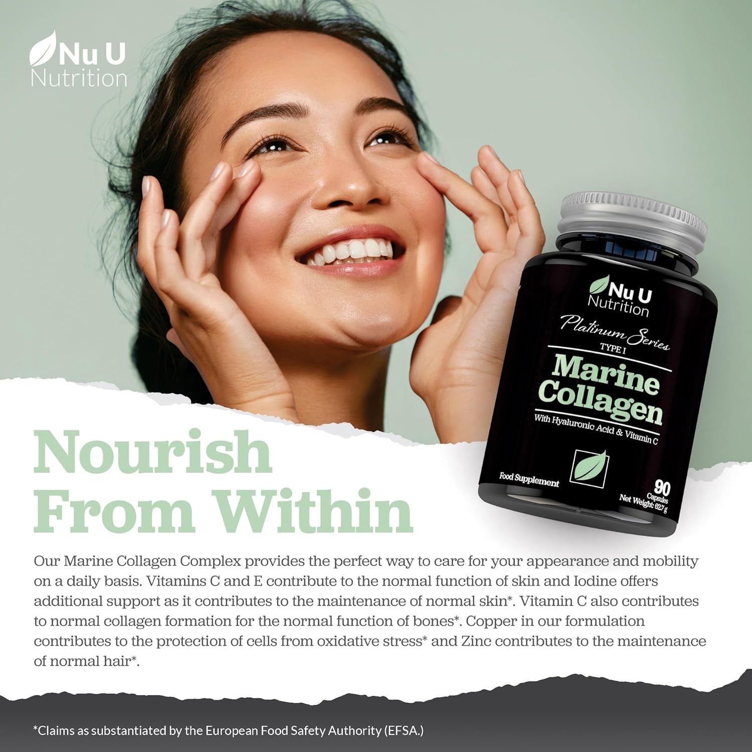 Marine Collagen with Hyaluronic Acid, Vitamin C - 90 Hydrolyzed Capsules (Not Tablets) - Premium High Strength Collagen Supplements for Women & Men - Type 1 Marine Collagen - Nu U Nutrition