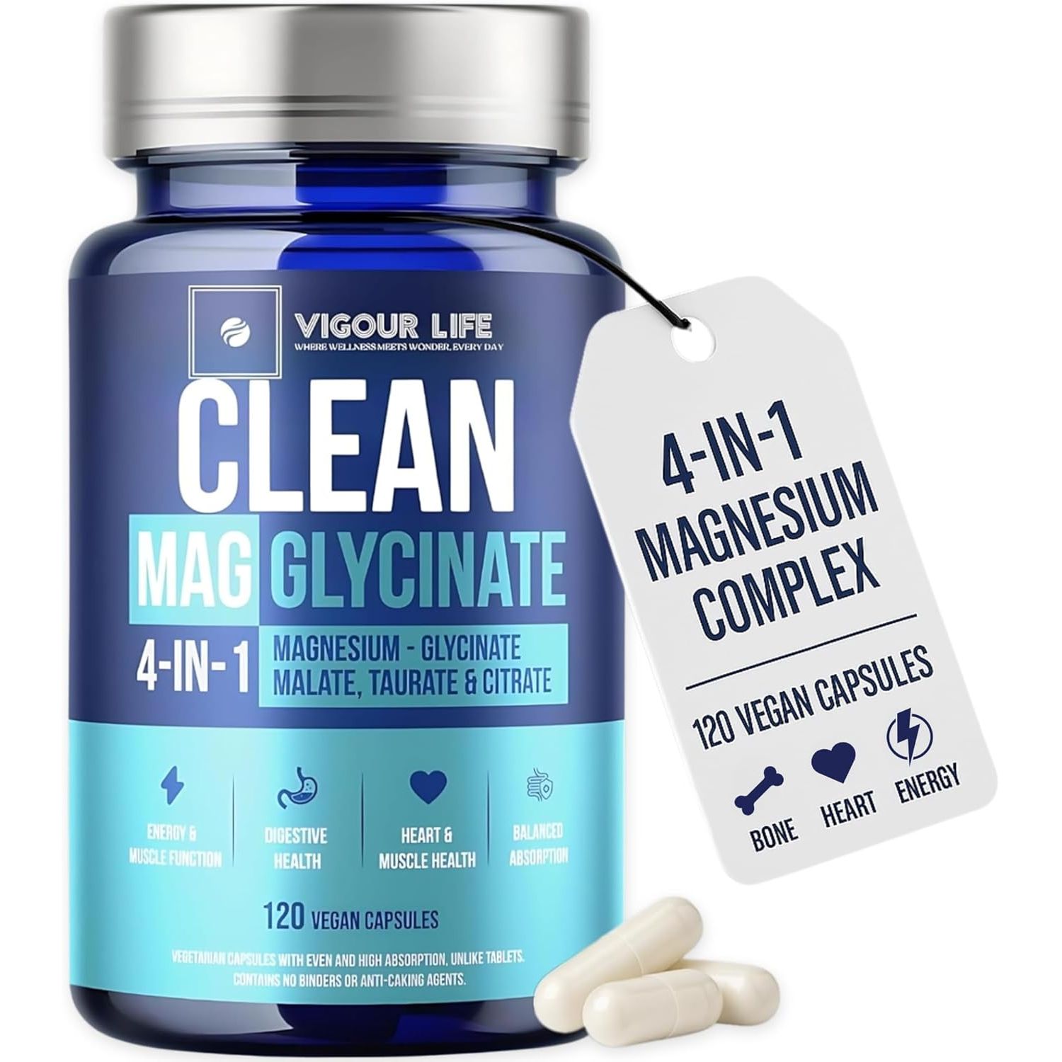Magnesium Glycinate Complex 120 Vegan Capsules, High Absorption 4-In-1 Magnesium Supplement with Malate, Citrate & Taurate, for Sleep Support, Muscle Recovery, Heart Health & Energy