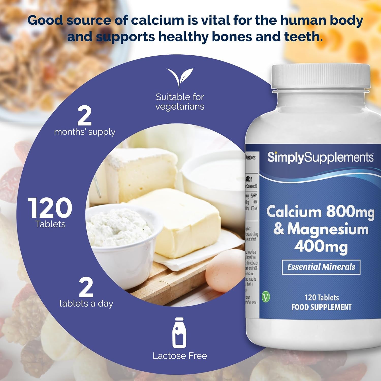 Calcium 800Mg & Magnesium 400Mg High Potency Formula | Vegan & Vegetarian Friendly | Support for Bone Health and Muscle Function | 120 Tablets = 2 Months’ Supply | Manufactured in the UK