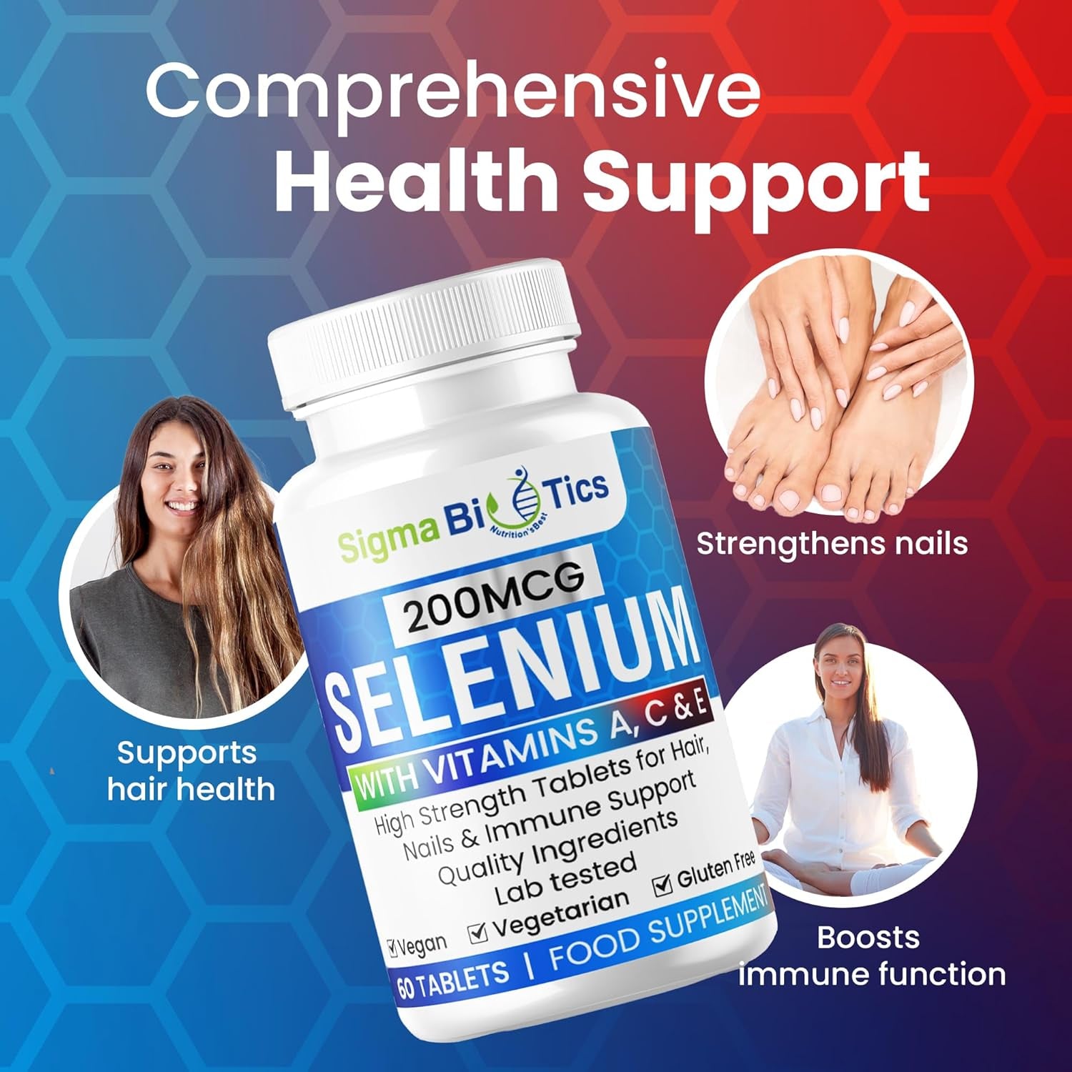 Selenium with Vitamins A, C & E - Promotes Healthy Hair, Skin & Nails - Supports the Immune System - Superior Absorption Formula - Vegan and Gluten Free - 60 Tablets for 2 Months Supply