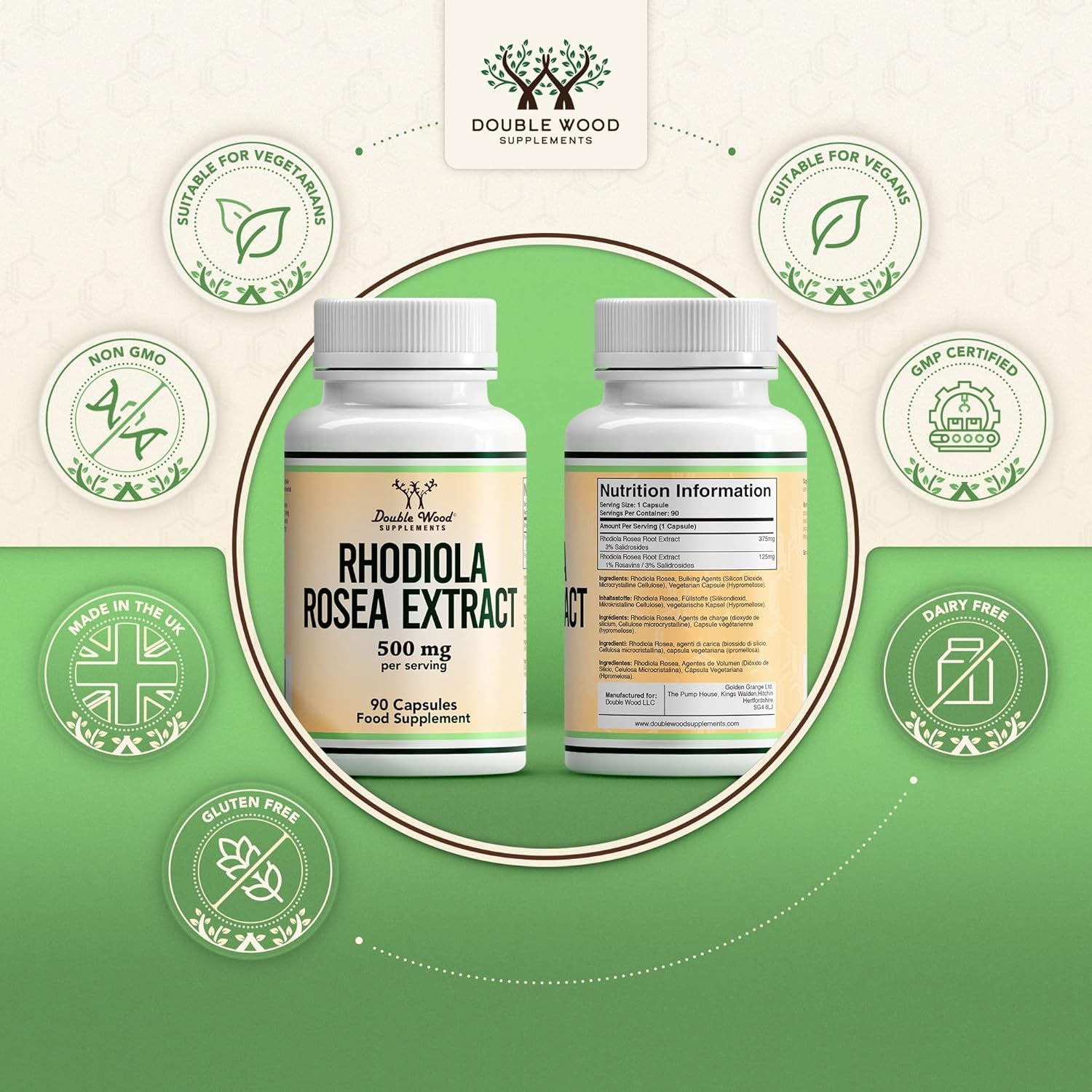 Double Wood Rhodiola Rosea | 90 Servings of 500Mg Rhodiola Rosea Complex Capsules | 3% Rosavins & 1% Salidrosides | a Powerful Adaptogen Sourced from High Altitude Environments | UK Manufactured