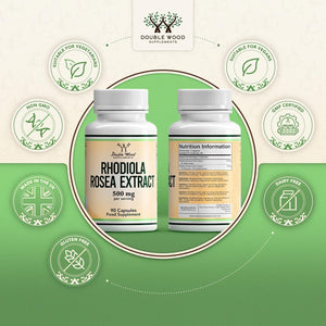 Double Wood Rhodiola Rosea | 90 Servings of 500Mg Rhodiola Rosea Complex Capsules | 3% Rosavins & 1% Salidrosides | a Powerful Adaptogen Sourced from High Altitude Environments | UK Manufactured