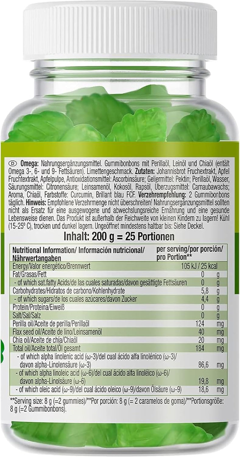 Weider Omega Gummies (50 Gums) Lime Flavour, with Vegan Omega 3-6-9 from Chia and Lax Seed Oil, Gluten Free, No Added Sugar