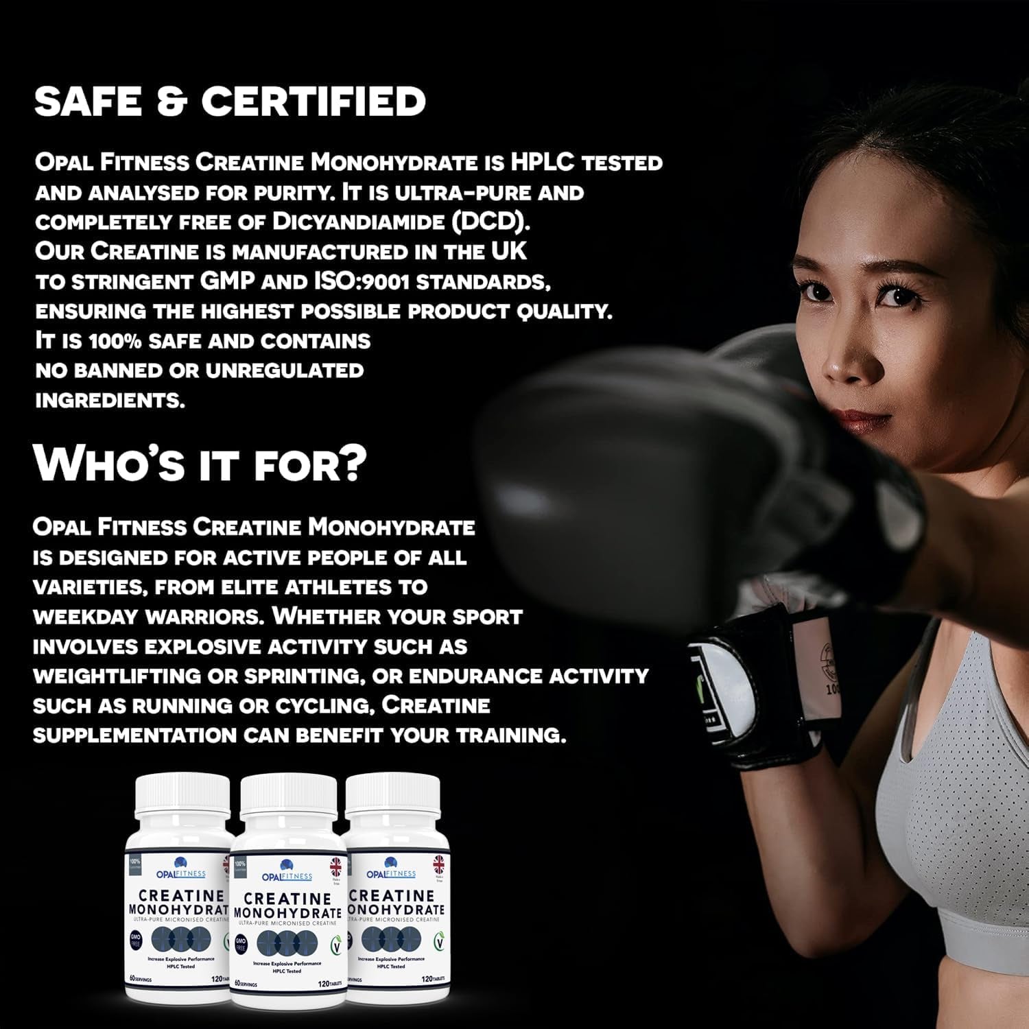 Creatine Monohydrate Tablets by Opal Fitness – Easy to Swallow Vegan Tablets - Scientifically Proven to Increase Muscle Strength, High Intensity Explosive Energy, and Build Lean Muscle Mass