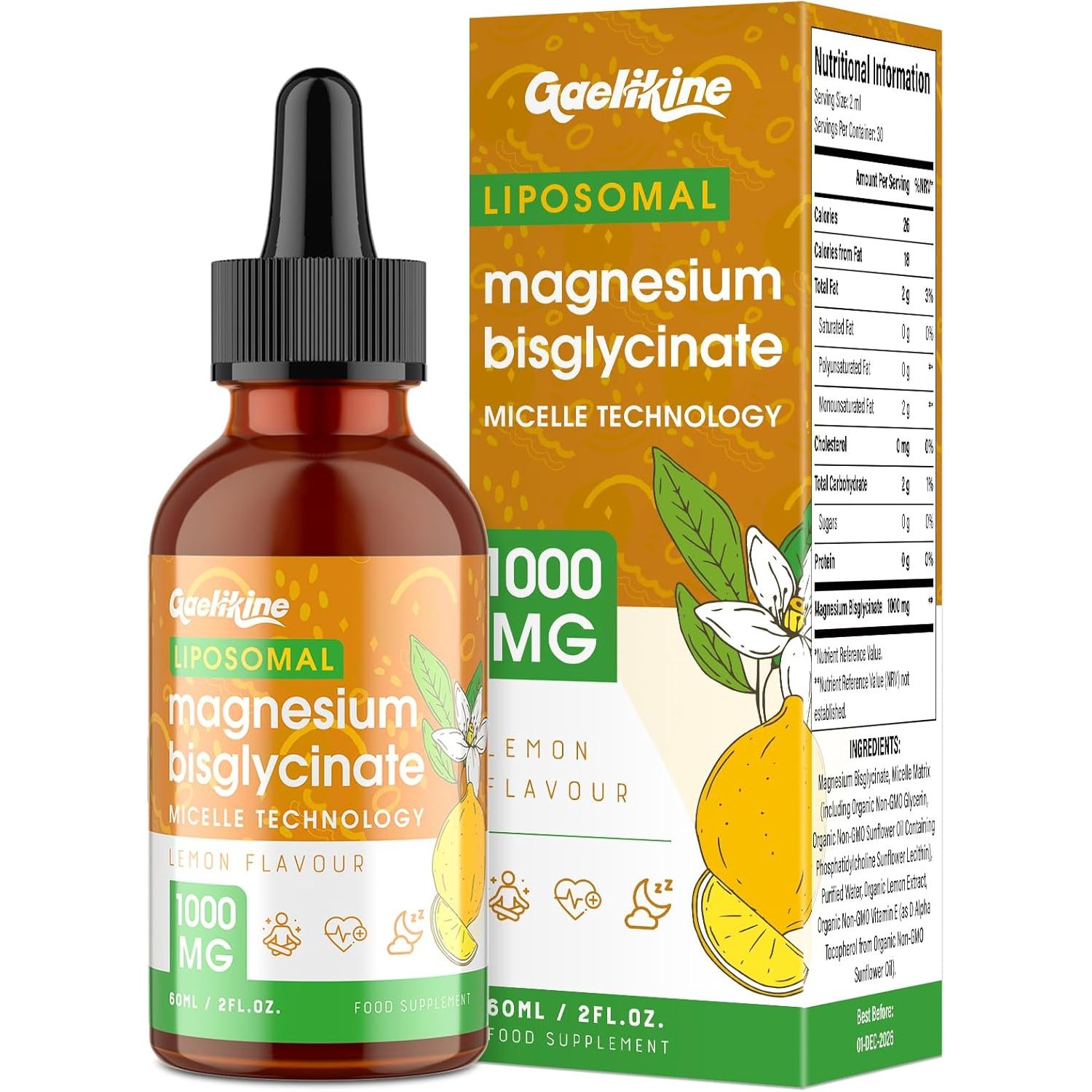 Magnesium Glycinate Liquid Drops 1000Mg – High Absorption Bisglycinate with Liposomal Micelle Technology, Vegan, Stomach-Friendly, Lemon Flavour, 60Ml