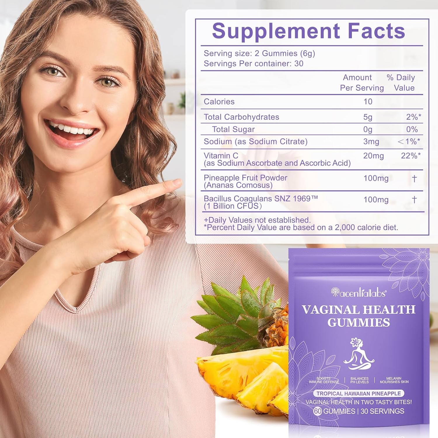 Feminine Balance Gummies 60 Pcs – Hawaiian Pineapple Flavour PH Balance & Immune Support for Women of All Ages, Gluten-Free & Vegan