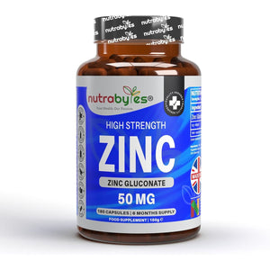 Nutrabytes High Strength Zinc Gluconate Supplement, 180 Vegan Capsules | 50Mg Pure Elemental Chelated Mineral for Immune System, Skin, Hair, Nails, Hormone & Fertility Support | 6 Month Supply