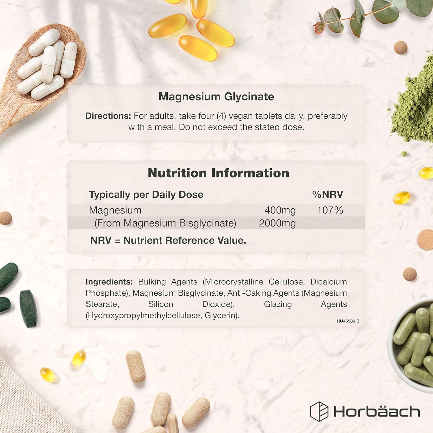 Magnesium Glycinate Supplement | 2000Mg | 100 Vegan Tablets | High Strength Providing 400Mg of Elemental Magnesium | by Horbaach