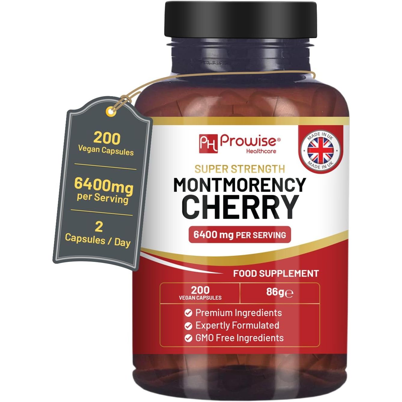 Montmorency Cherry 6400Mg - 200 Tart Cherry Capsules - Natural Tart Cherry Extract Supplement for Men & Women – Super Strength, Gluten Free, Vegan and GMO Free - Made in the UK by Prowise