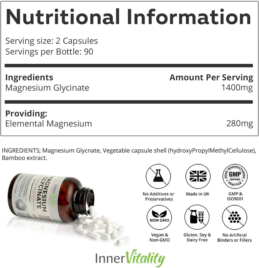 Magnesium Glycinate 180 Capsules (3 Month Supply) 280Mg Elemental Magnesium - High Strength Easy to Absorb Magnesium Supplement with No Additives by Inner Vitality