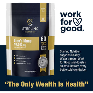 Extra Strength Lion'S Mane - Vegan Capsules for Adults, Pack of 60 Supplements (2 Months) | High Strength 10000Mg, B Vitamins, Black Pepper & Ginger to Support Brain Health | STERLING NUTRITION