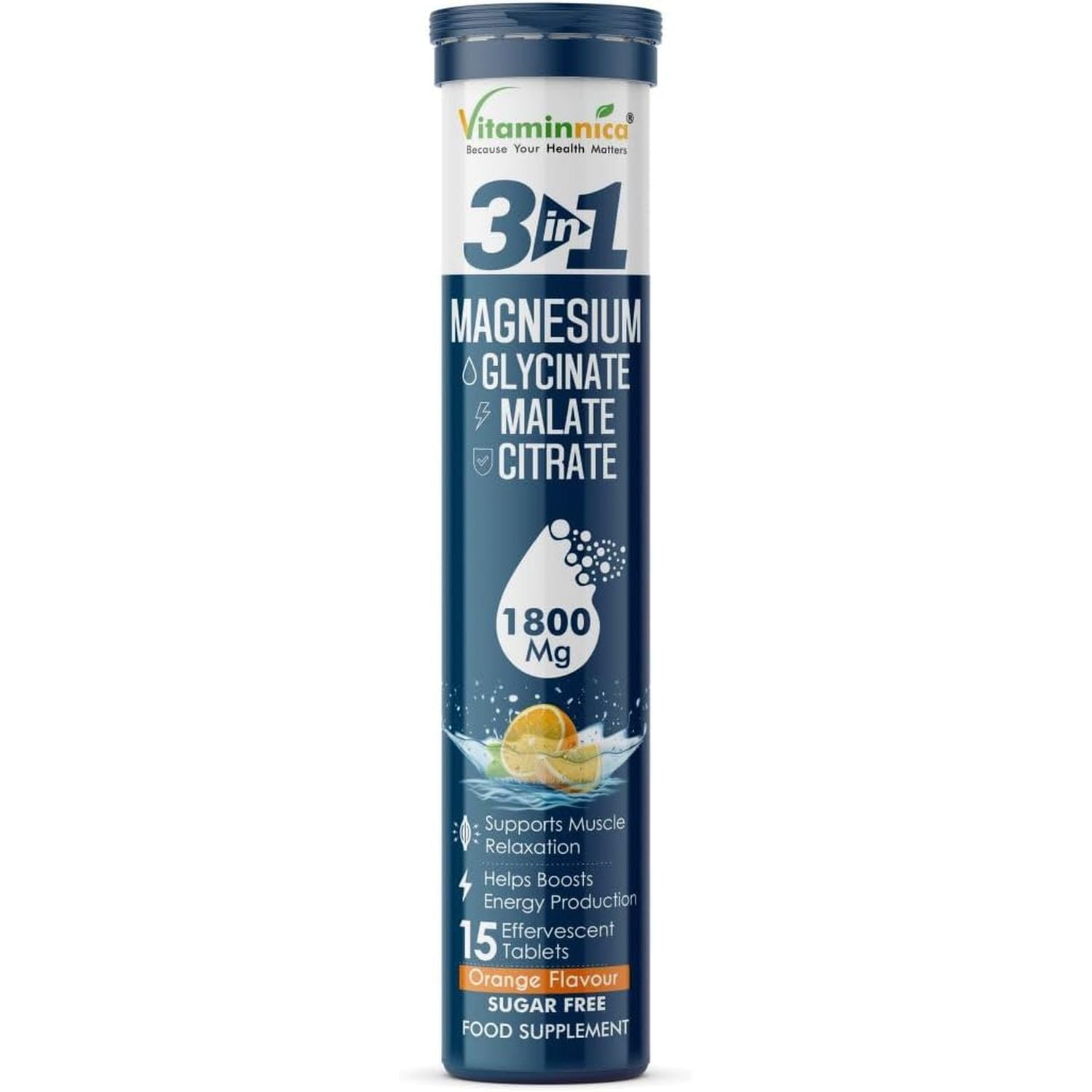 Vitaminnica Magnesium 3-In-1 Effervescent- 15 Tablets – High Absorption Magnesium Malate, Citrate & Glycinate – Energy, Muscle Function & Relaxation – Sugar-Free (Pack of 1, Orange)