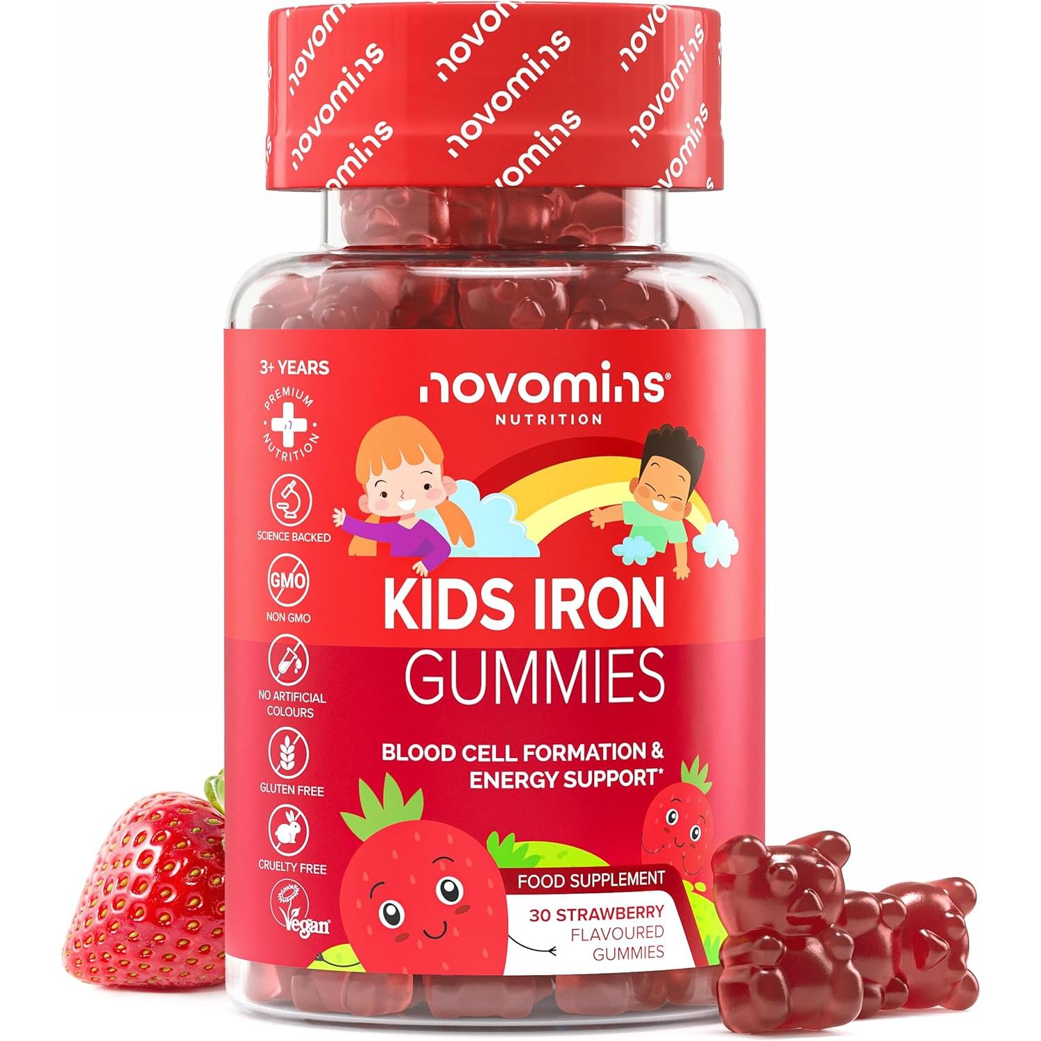 Kids Iron Gummies – Supplements for Energy & Immune System – 1 Month Supply - Alternative to Iron Tablets - Novomins