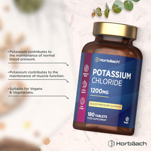 Potassium Supplement High Strength 1200Mg | 180 Vegan Tablets | 624Mg of Potassium & 564Mg of Chloride | Suitable for Vegans & Vegetarians | by Horbaach