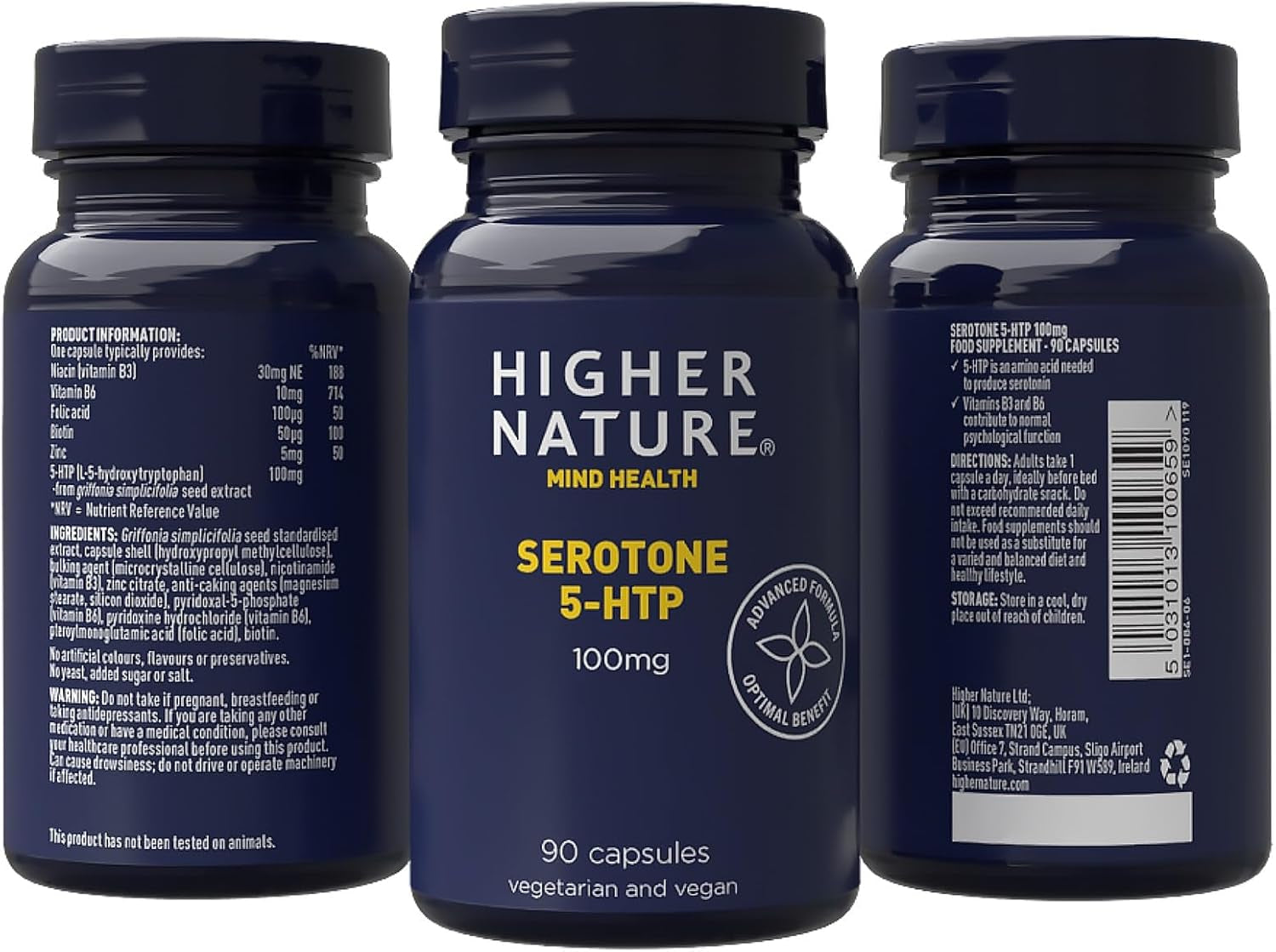 Higher Nature - Serotone 5HTP - 100Mg - Psychological Support - Natural Source of 5HTP - B Vitamins & Zinc - Vegan & Vegetarian - 90 Capsules