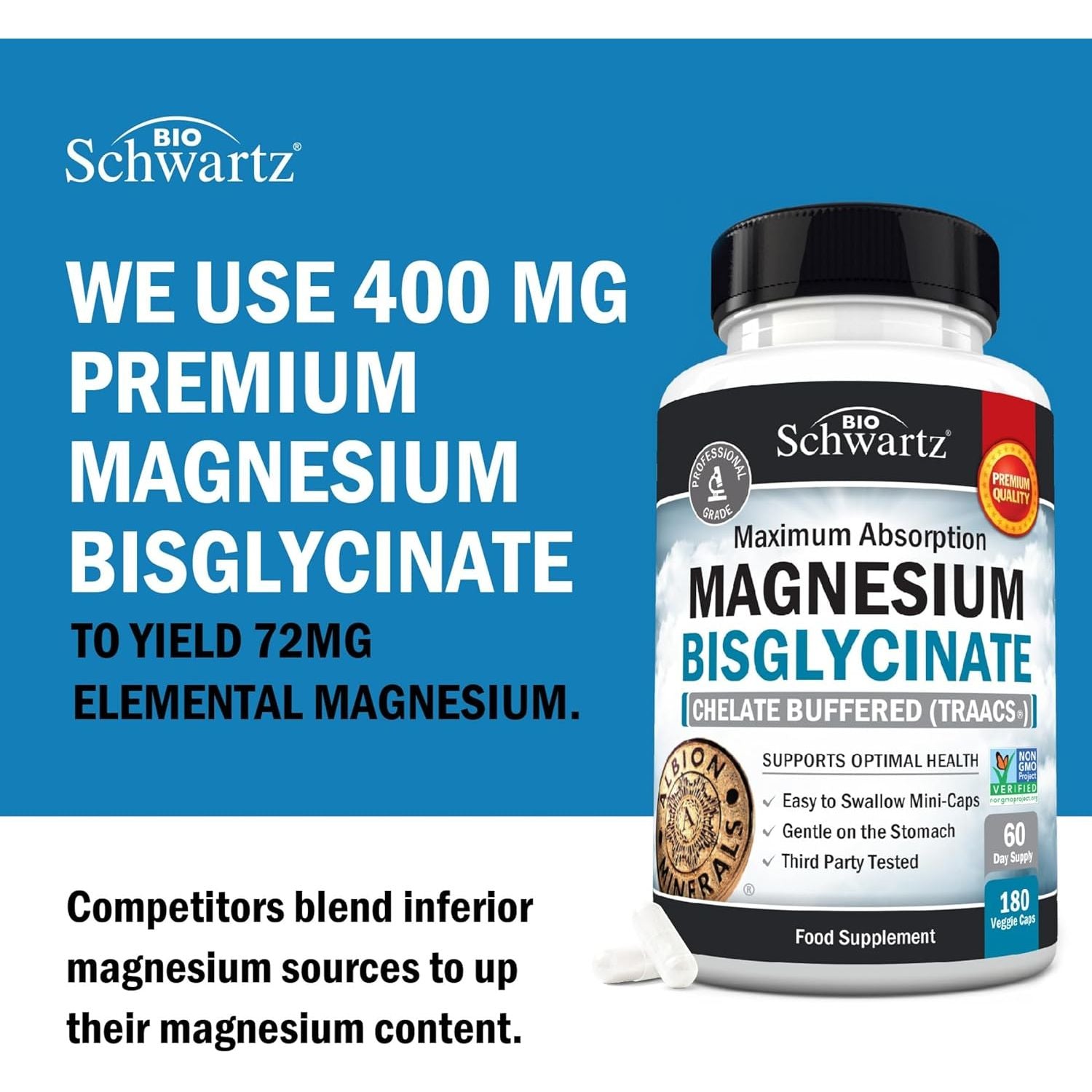 Magnesium Glycinate 400Mg - Chelated Bisglycinate for Muscle Recovery & Support - Maximum Absorption & Bioavailability - Magnesium Supplements for Women & Men - Non-Gmo - 180Ct 2 Month Supply