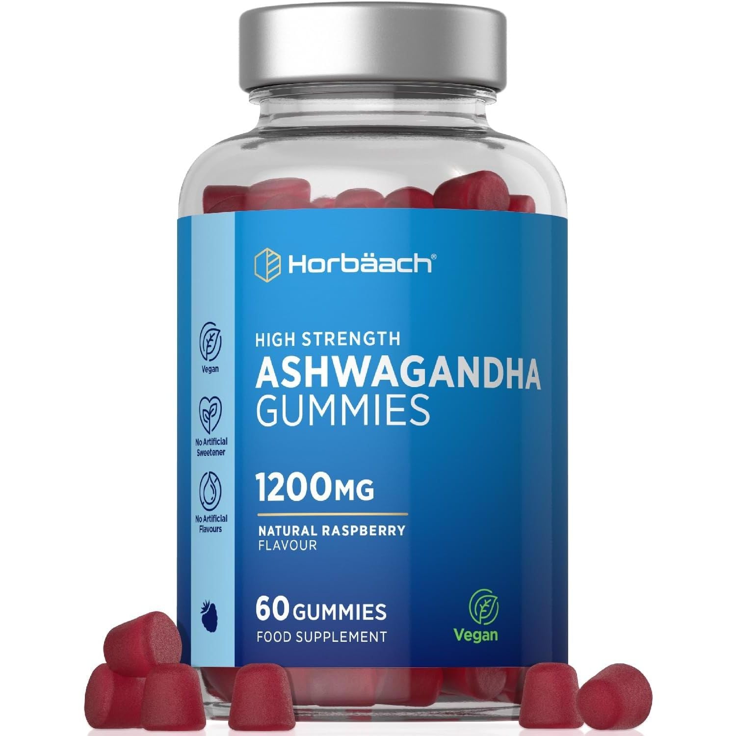 Ashwagandha Gummies 1200Mg | 60 Vegan Gummies | with 5% Withanolides | Natural Raspberry Flavour | by Horbaach