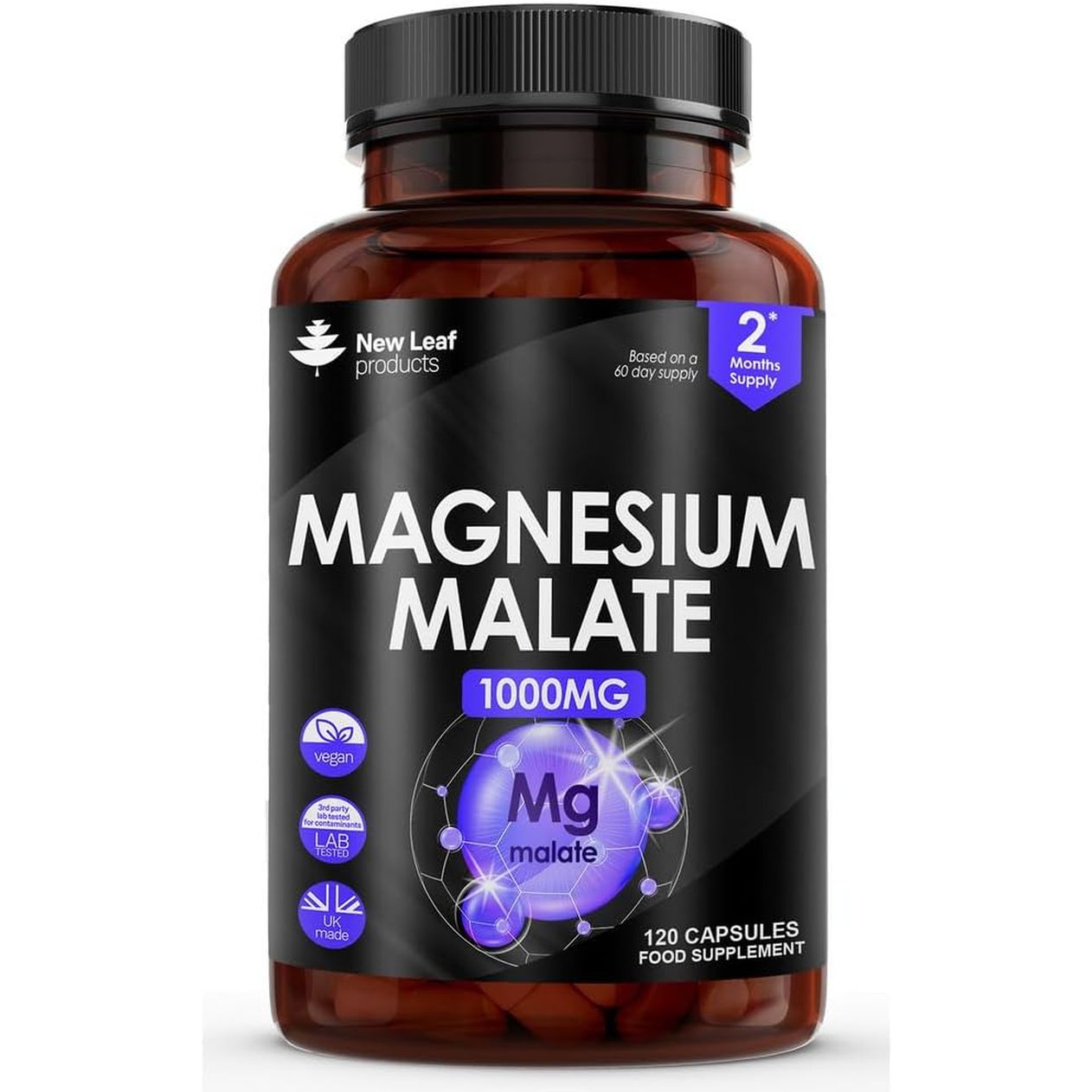 Magnesium Supplements 1000Mg - Pure Magnesium Malate Capsules - Bones & Sleep Support - High Absorption Elemental - Vegan High Strength - 2 Months Supply