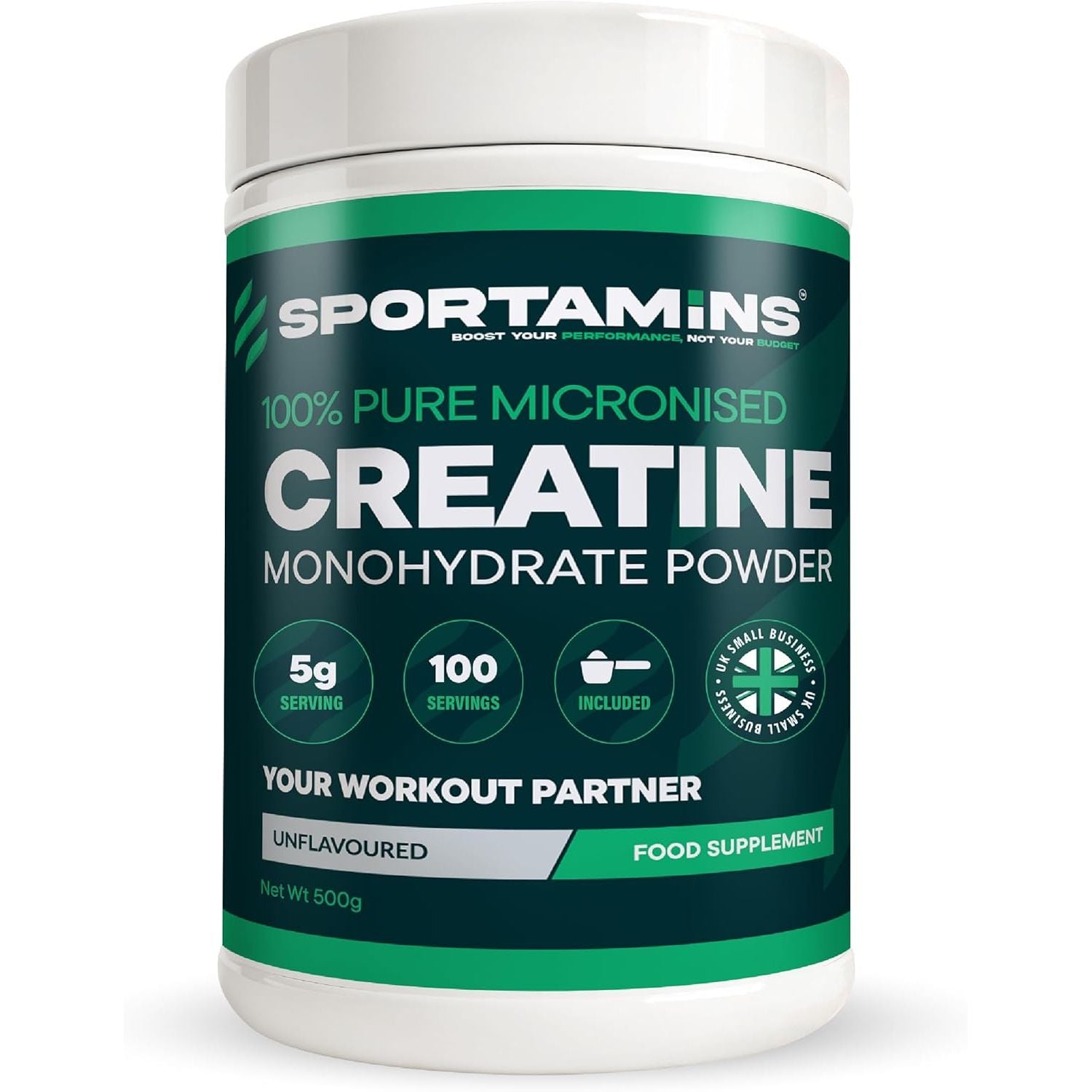 SPORTAMINS Creatine Monohydrate Powder 500G – 100% Pure Micronised Creatine Monohydrate – Unflavoured, 100 Servings – Muscle Growth, Strength & Recovery – Vegan, GMP Certified, Non-Gmo Supplement