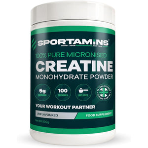 SPORTAMINS Creatine Monohydrate Powder 500G – 100% Pure Micronised Creatine Monohydrate – Unflavoured, 100 Servings – Muscle Growth, Strength & Recovery – Vegan, GMP Certified, Non-Gmo Supplement