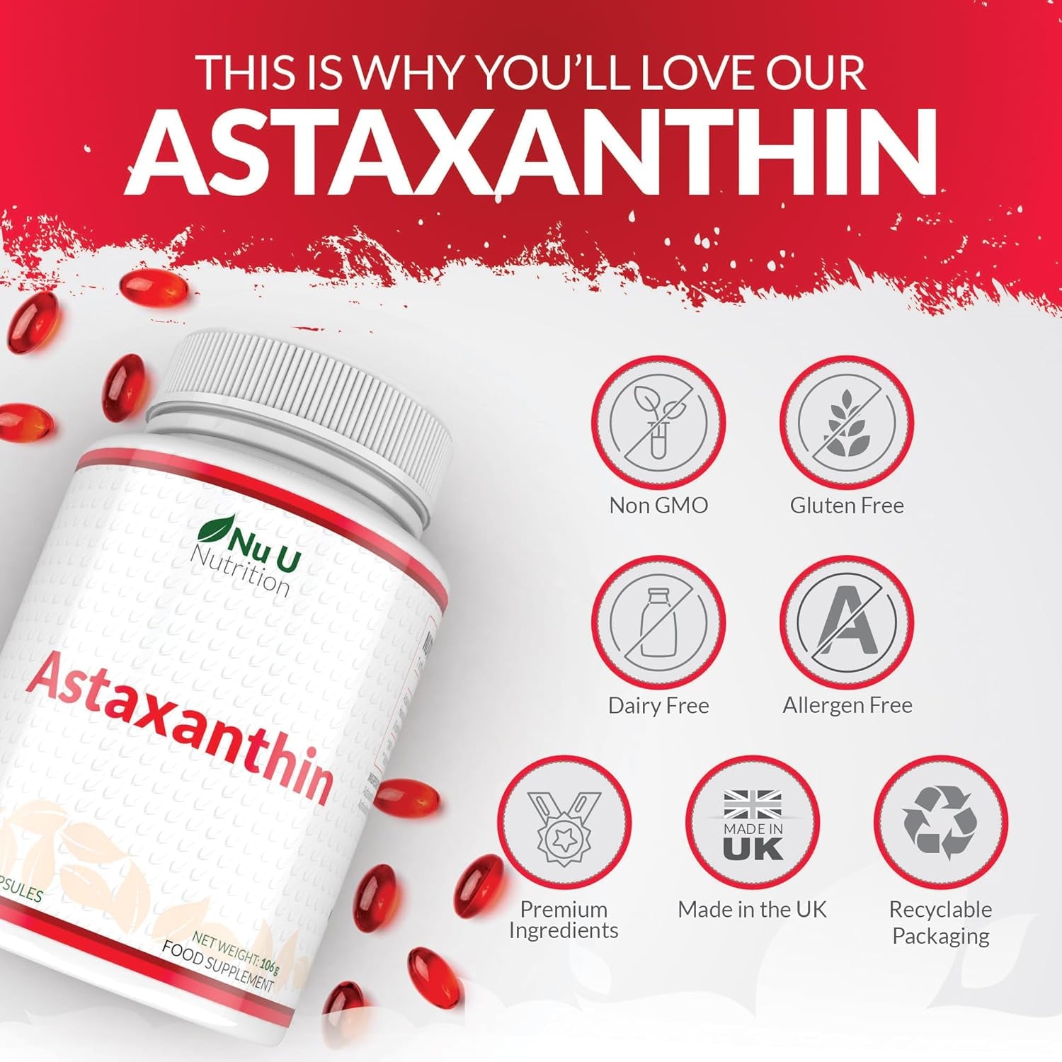 Astaxanthin 12Mg - 180 High Strength Softgel Capsules - 6 Month Supply - Powerful Antioxidant Supplement - Astaxanthin from Haemotococcus Pluvialis Algae - Made in the UK - Nu U Nutrition