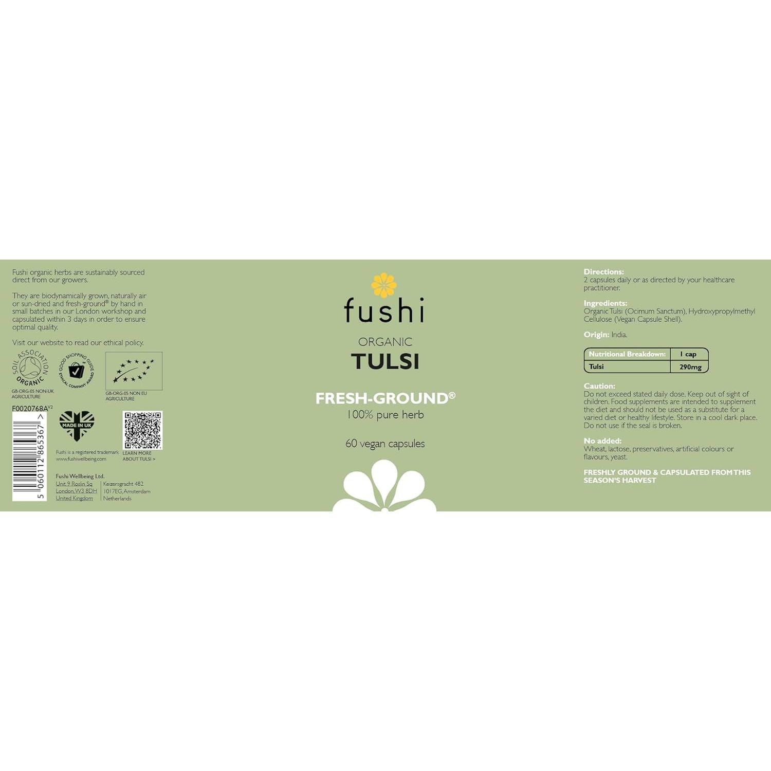 Fushi Organic Tulsi Capsules, 60 Caps | Fresh-Ground Whole Food | Rich in Antioxidants & Nutrients | Rejuvenating Herb for Strengthening the Immune System | Ethical & Vegan, Made in the UK