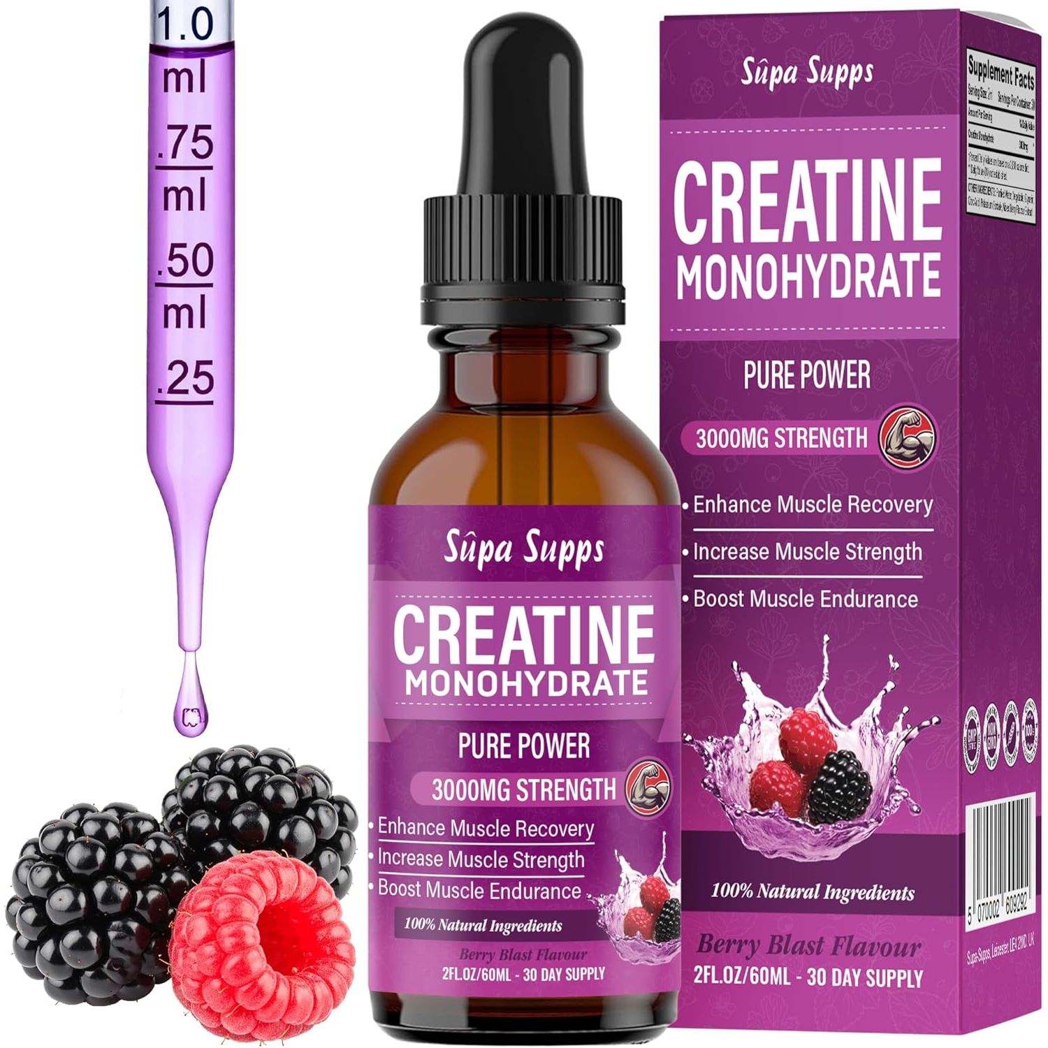 Creatine Monohydrate Drops 60Ml - Liquid Alternative to Creatine Monohydrate Powder, Ideal for Gym Performance, Bulk Creatine Formula, Supports Muscle Growth, Recovery, and Energy - Berry Flavour