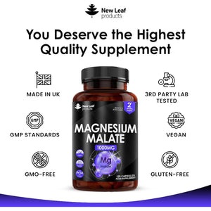 Magnesium Supplements 1000Mg - Pure Magnesium Malate Capsules - Bones & Sleep Support - High Absorption Elemental - Vegan High Strength - 2 Months Supply