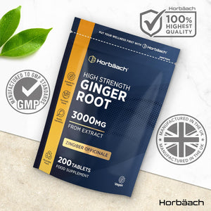 Ginger Root Tablets 3000Mg | High Strength Ginger Root Extract | Zingiber Officinale | 200 Tablets - Vegetarian & Vegan | by Horbaach
