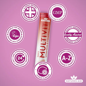Natures Aid Daily Multivitamin Effervescent 20 Tablets - Supports Energy and Immune Health - High Strength Fizzy Supplement - Vegan, Gluten Free, Non-Gmo - Natural Citrus Multi-Vitamin - 20 Tablets